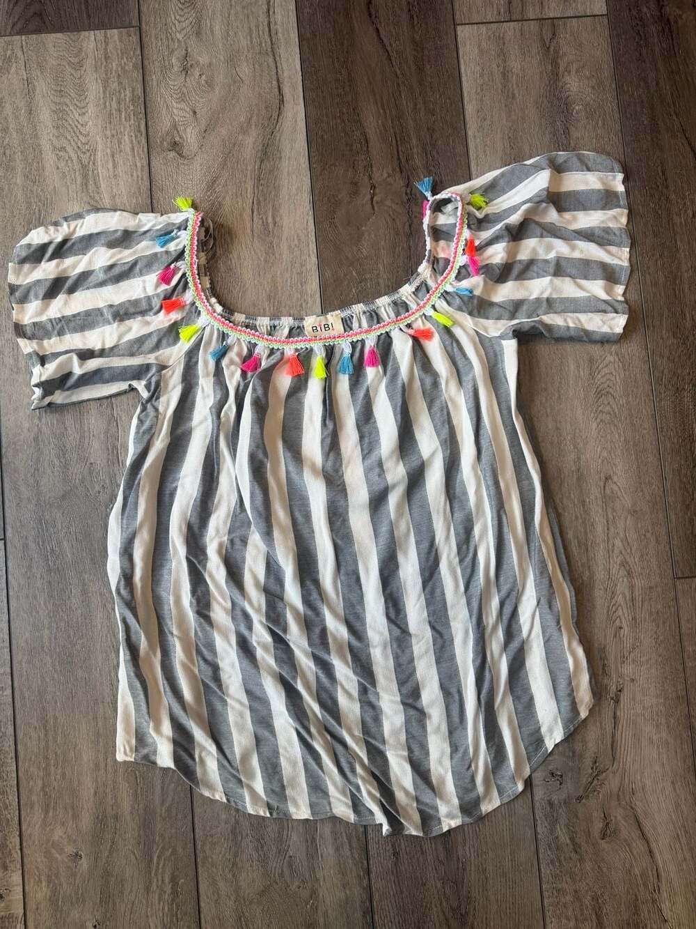 Bibi Gray White Striped Tassel Pom Pom Off The Shoulder Top Medium